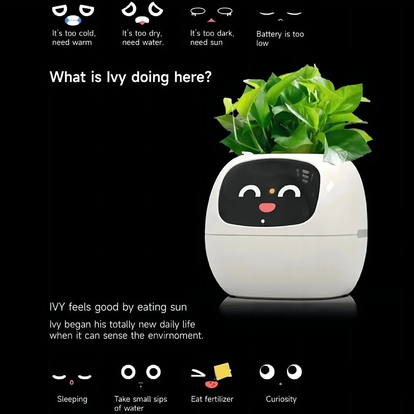 "Ivy Smart Planter: 7 Expressions, 7 Sensors, and AI Magic – Making Plant Care Fun & Effortless!