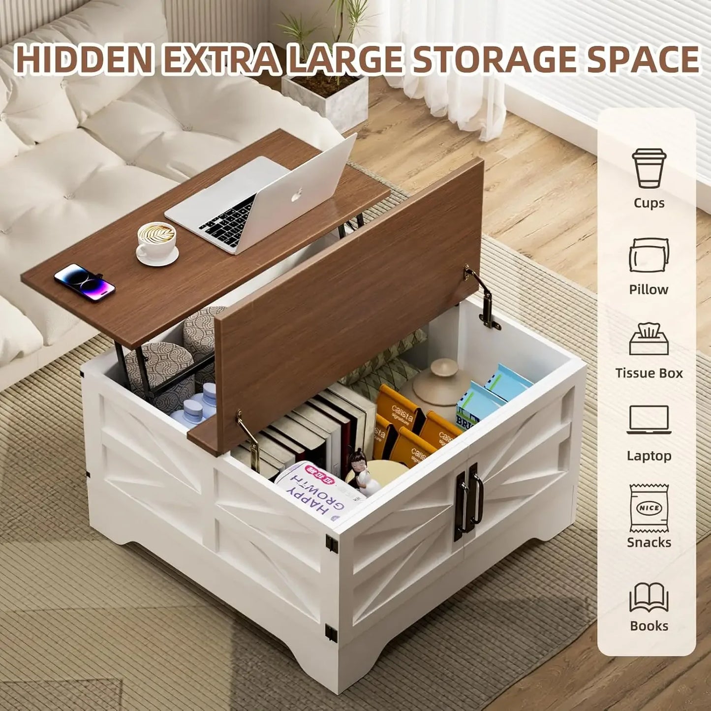 Square Coffee Table storage&LED Light