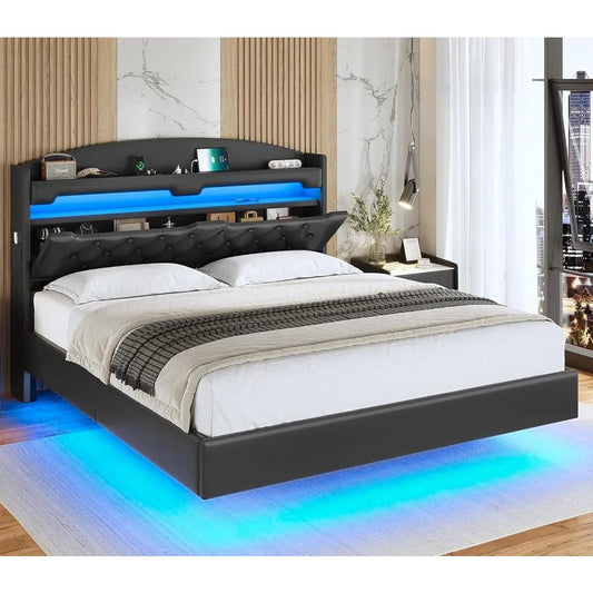 Floating LED Bed Frame with Hidden Storage Headboard